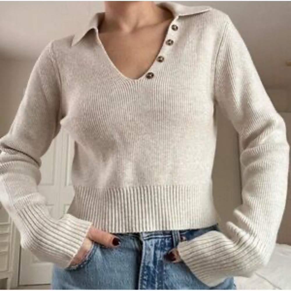 Happily Grey Women Oatmeal V Neck Cropped‎ Stretchy Sweater Size M